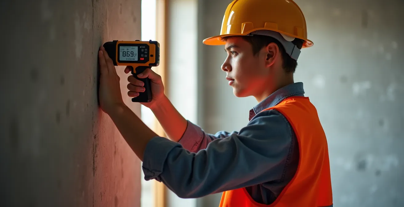 Étudiant en formation pratique manipulant un équipement de mesure thermique sur chantier