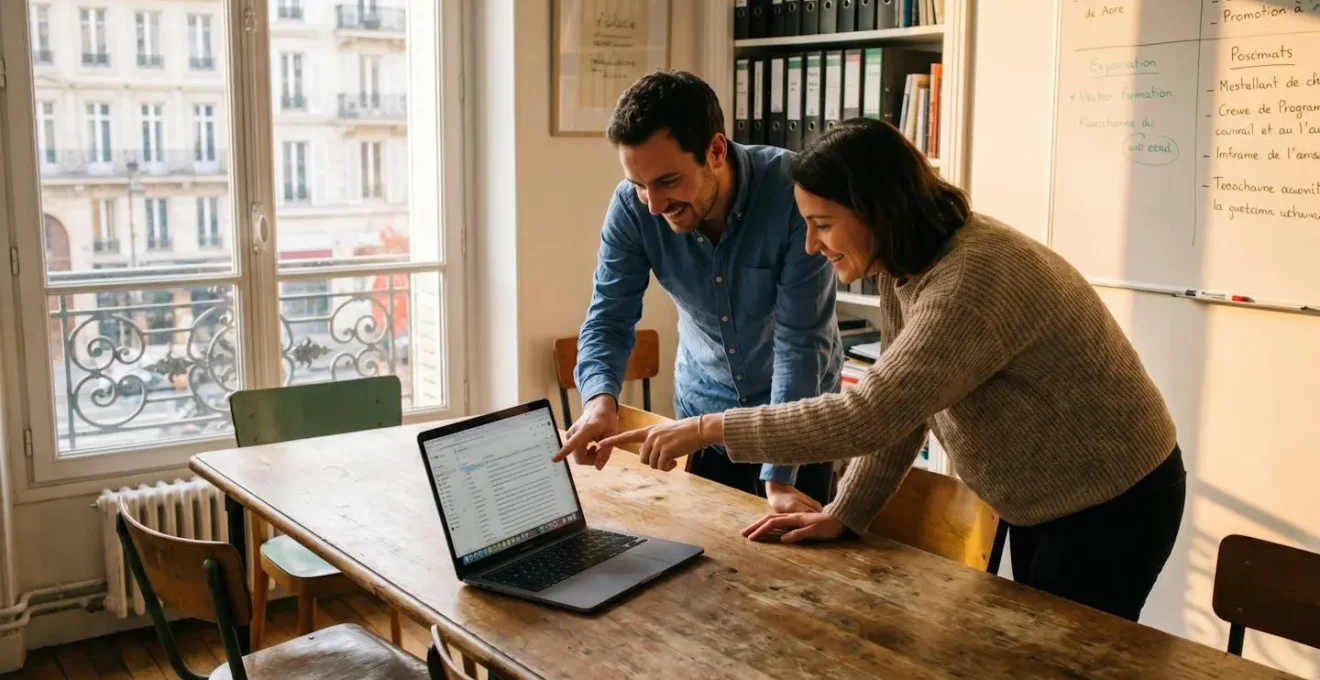Deux membres d'une équipe PME discutant de candidatures sur un ordinateur portable en salle de réunion