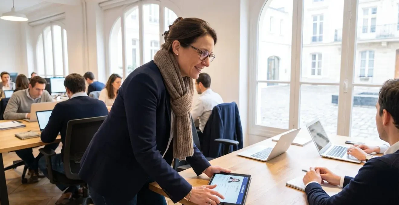 Manager d'une PME consultant des profils de candidats sur une tablette dans un open space lumineux