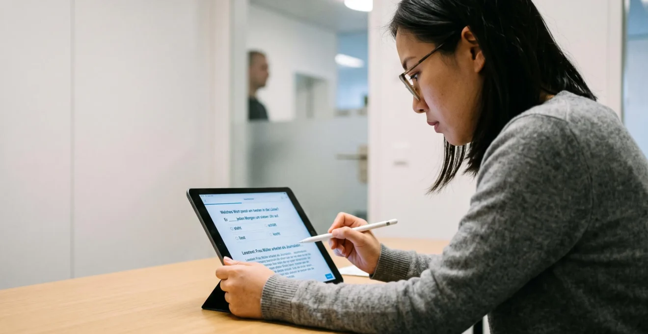 Candidate passant un test de compétences linguistiques en allemand sur tablette dans un bureau de recrutement
