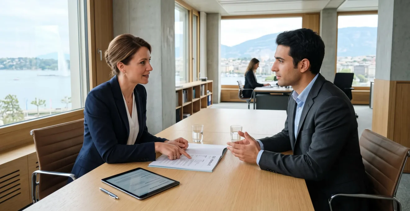 Entretien de recrutement dans un bureau moderne à Genève, responsable RH et candidat international échangeant autour d'un CV bilingue