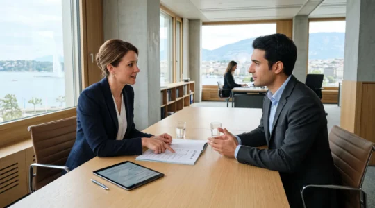 Entretien de recrutement dans un bureau moderne à Genève, responsable RH et candidat international échangeant autour d'un CV bilingue