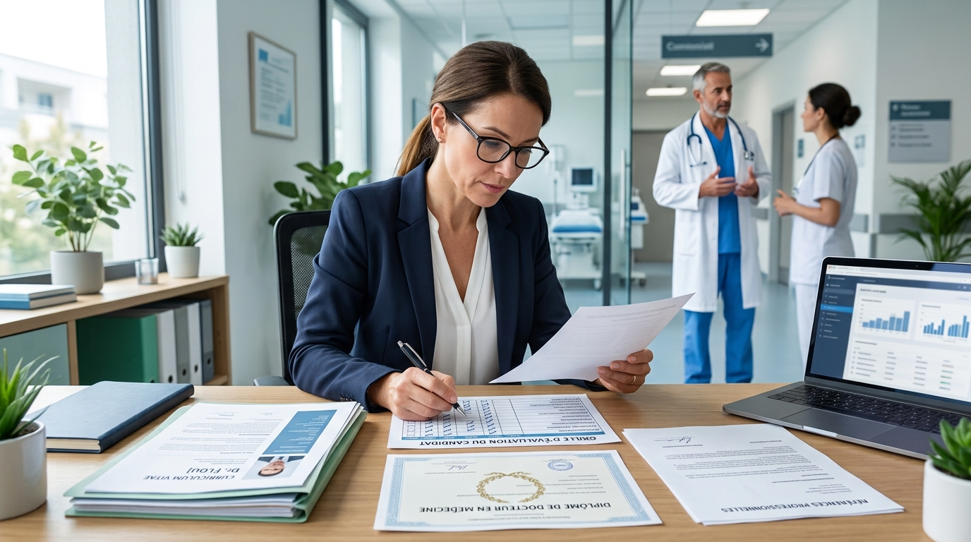Une consultante en recrutement et un responsable d'établissement de santé examinent ensemble un profil de candidat sur une tablette dans un couloir d'hôpital.
