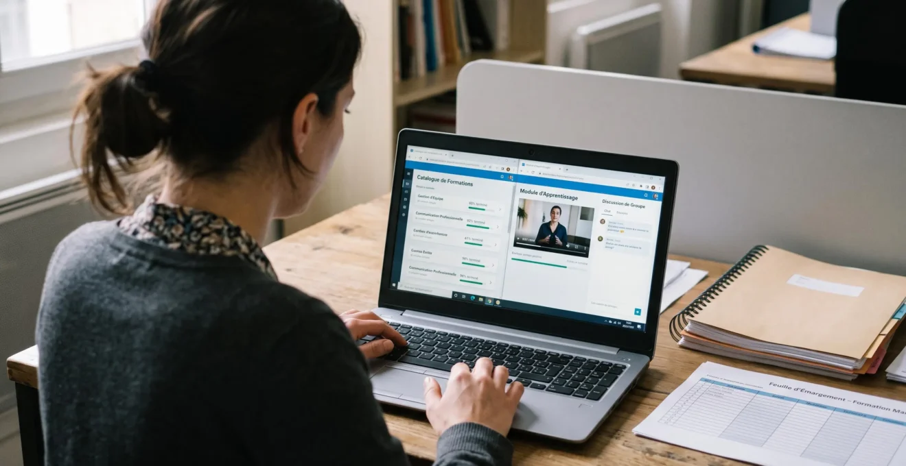 Une chargée RH compare sur son ordinateur deux interfaces de plateforme de formation, des dossiers papier posés à côté sur le bureau.