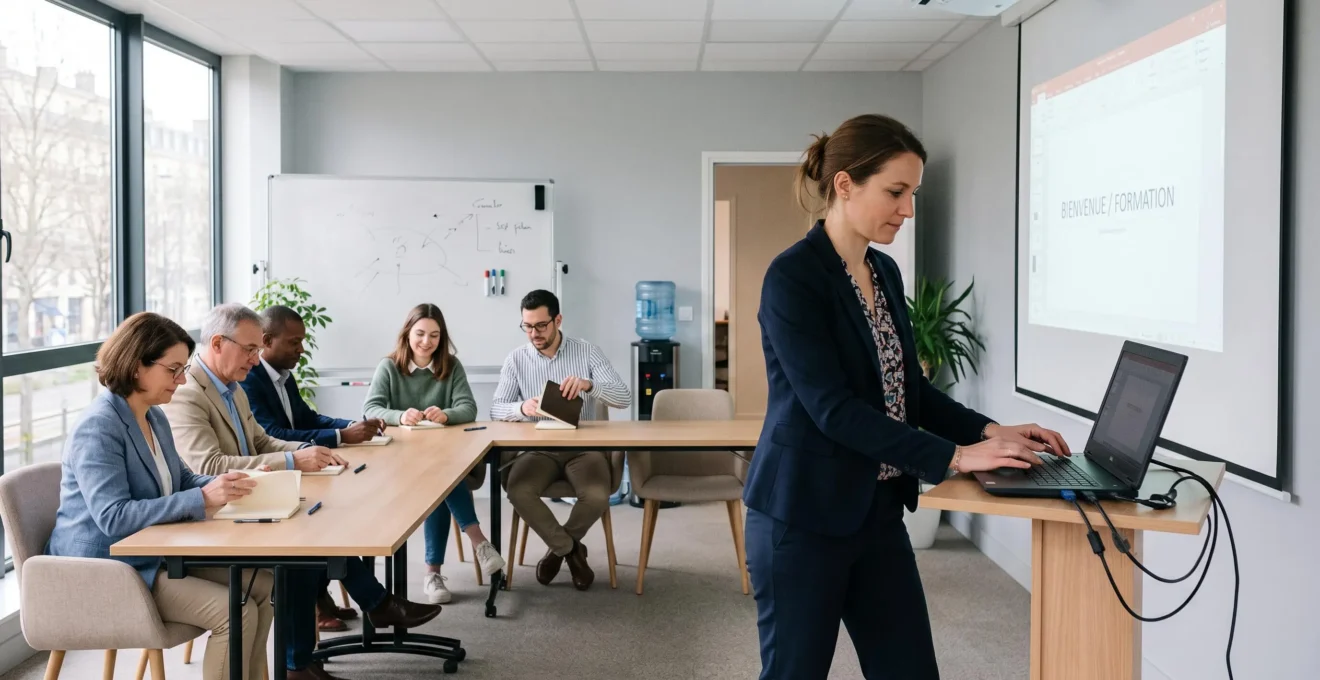 Une responsable RH prépare une salle de formation équipée d'un ordinateur portable et d'un vidéoprojecteur avant l'arrivée des salariés.