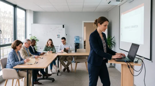 Une responsable RH prépare une salle de formation équipée d'un ordinateur portable et d'un vidéoprojecteur avant l'arrivée des salariés.