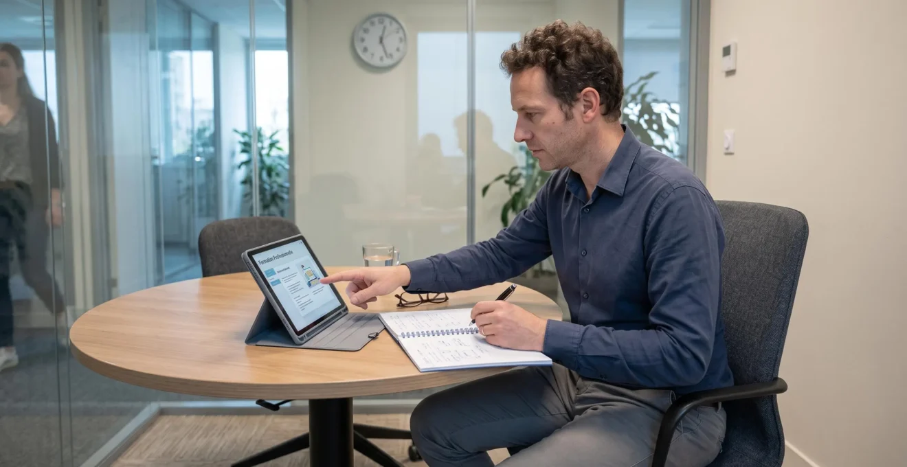 Un salarié suit un module de formation en ligne sur une tablette posée sur la table d'une petite salle de réunion d'entreprise.