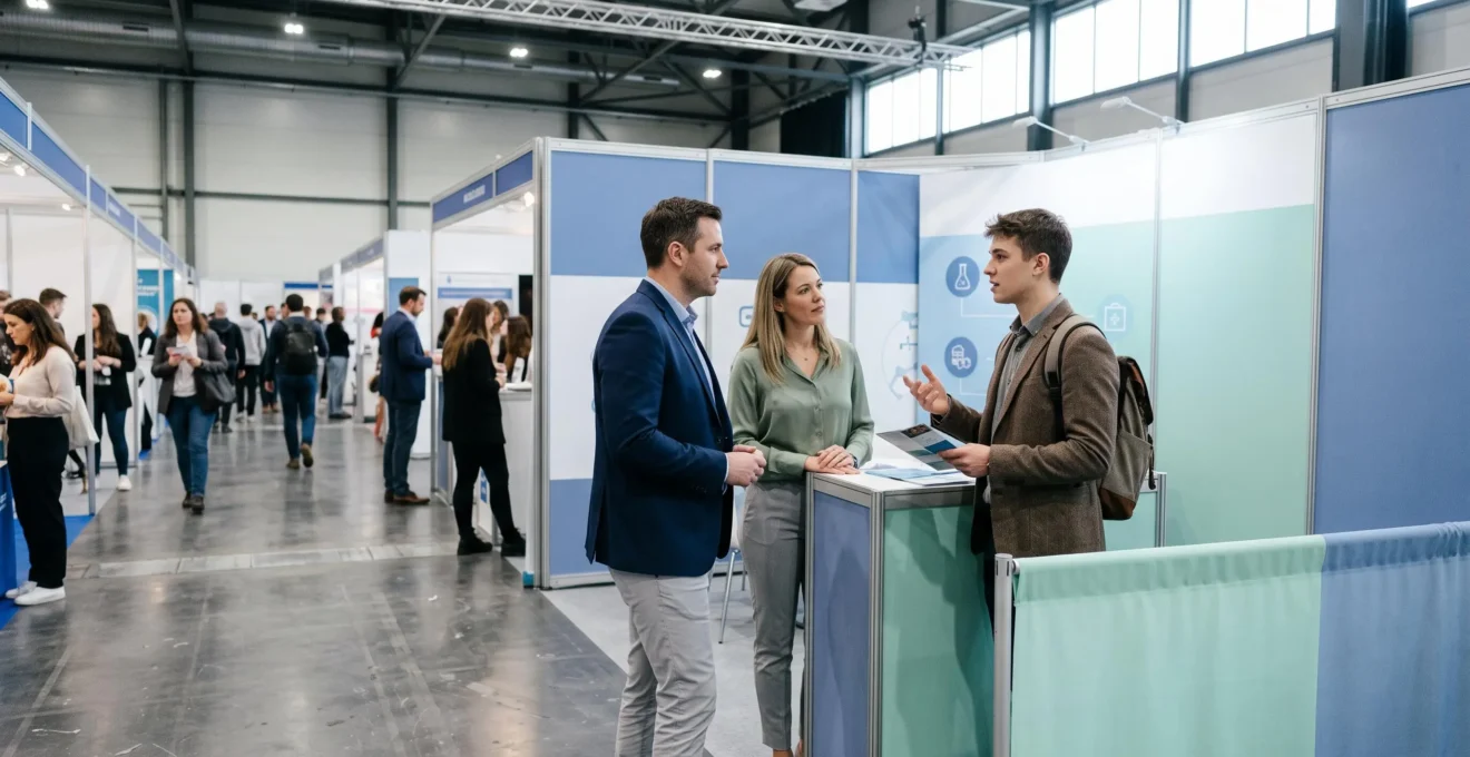 Deux recruteurs échangent avec un visiteur sur un stand lors d'un salon professionnel dédié aux métiers de la santé.